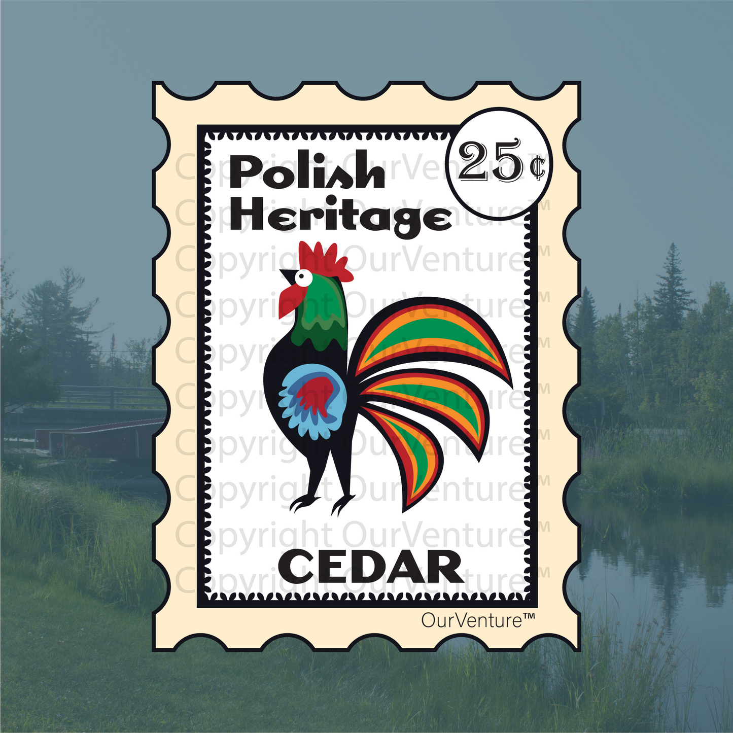Cedar Polish Folk Rooster Travel Stamp Sticker