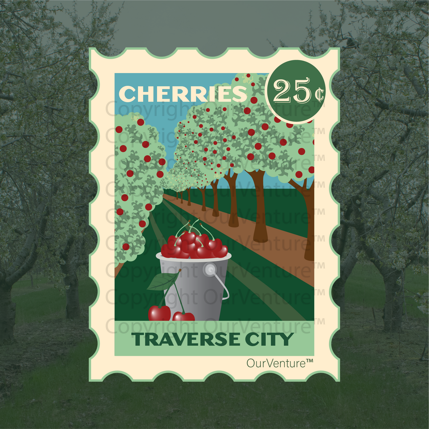Traverse City Cherry Orchard Travel Stamp Sticker