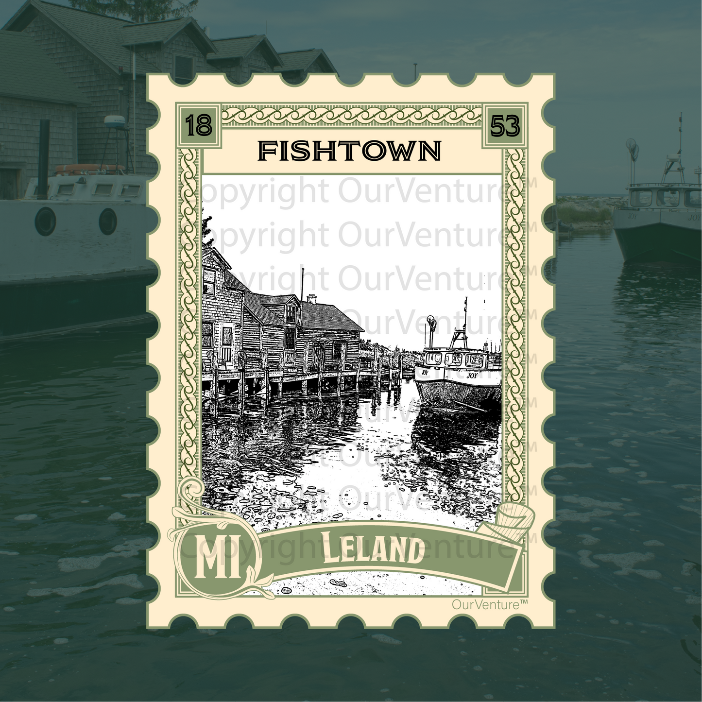 Leland Travel Stamp Sticker: Fishtown, Northern Michigan